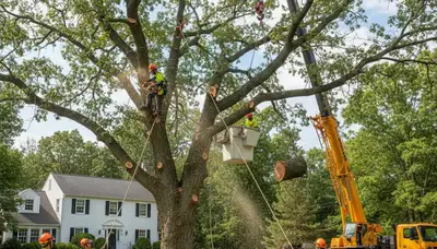 Professional arborists performing safe tree removal with crane equipment at an Easton PA home