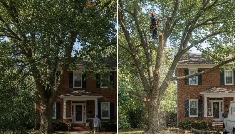 Arborist lifting tree canopy for driveway clearance in Easton, PA, expert pruning by tree service pros