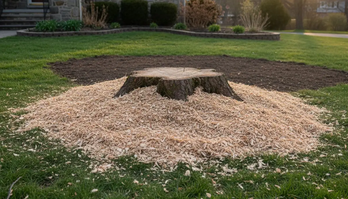 Finished stump grinding in Easton, PA showing clean lawn prep by local tree removal experts