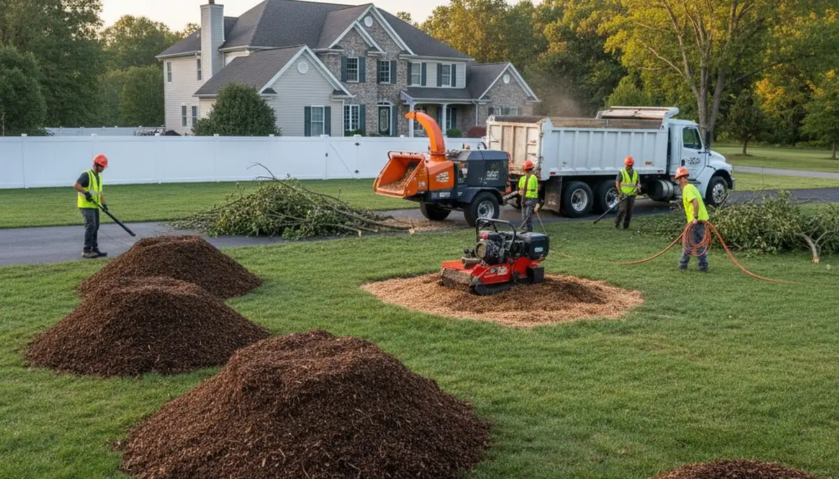 Completed tree removal and yard restoration by professional crew in Easton, PA with mulch and clean lawn