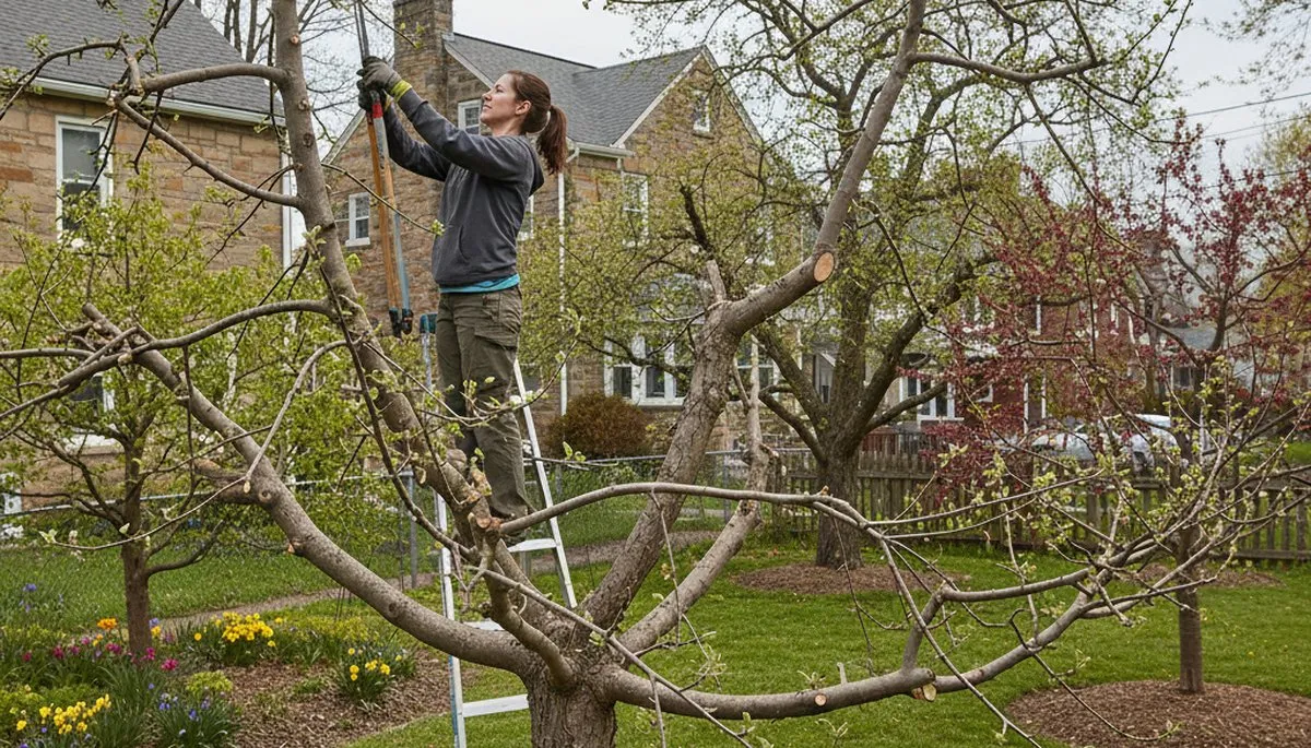 Arborist pruning fruit tree with loppers in Easton, PA backyard orchard for healthy growth and yield.