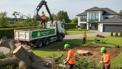 Professional landscaping crew shaping trees and lawn in Easton, PA for Chop Chop Tree services