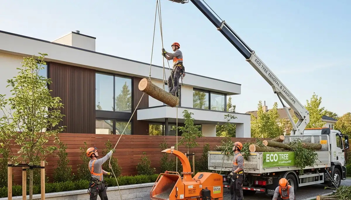 Professional landscaping and tree removal team working in Easton, PA yard