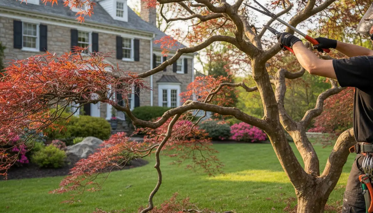 Arborist hand pruning Japanese maple for ornamental tree care at a residential property in Easton, PA