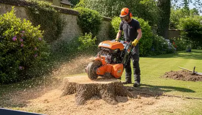 Professional stump grinding removing tree stumps on residential lawn in Bath, PA by Easton tree service experts