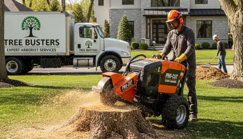 Professional stump removal service grinding tree stump in Easton, PA yard