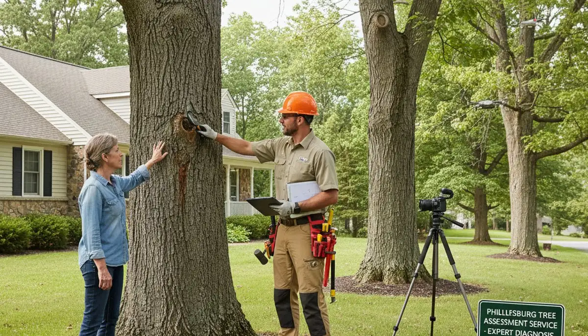 Certified arborist inspecting tree health for homeowners in Phillipsburg NJ near Easton PA tree removal service