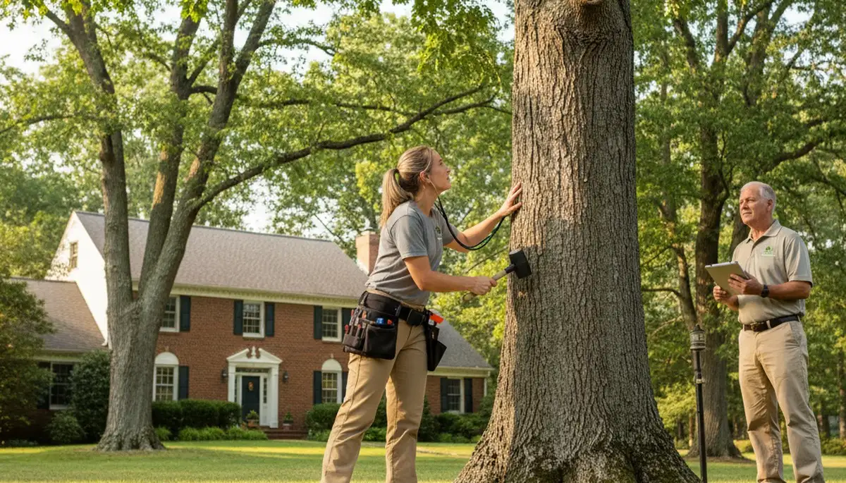 Certified arborist performing tree health assessment in Stewartsville NJ near Easton PA for safe tree care
