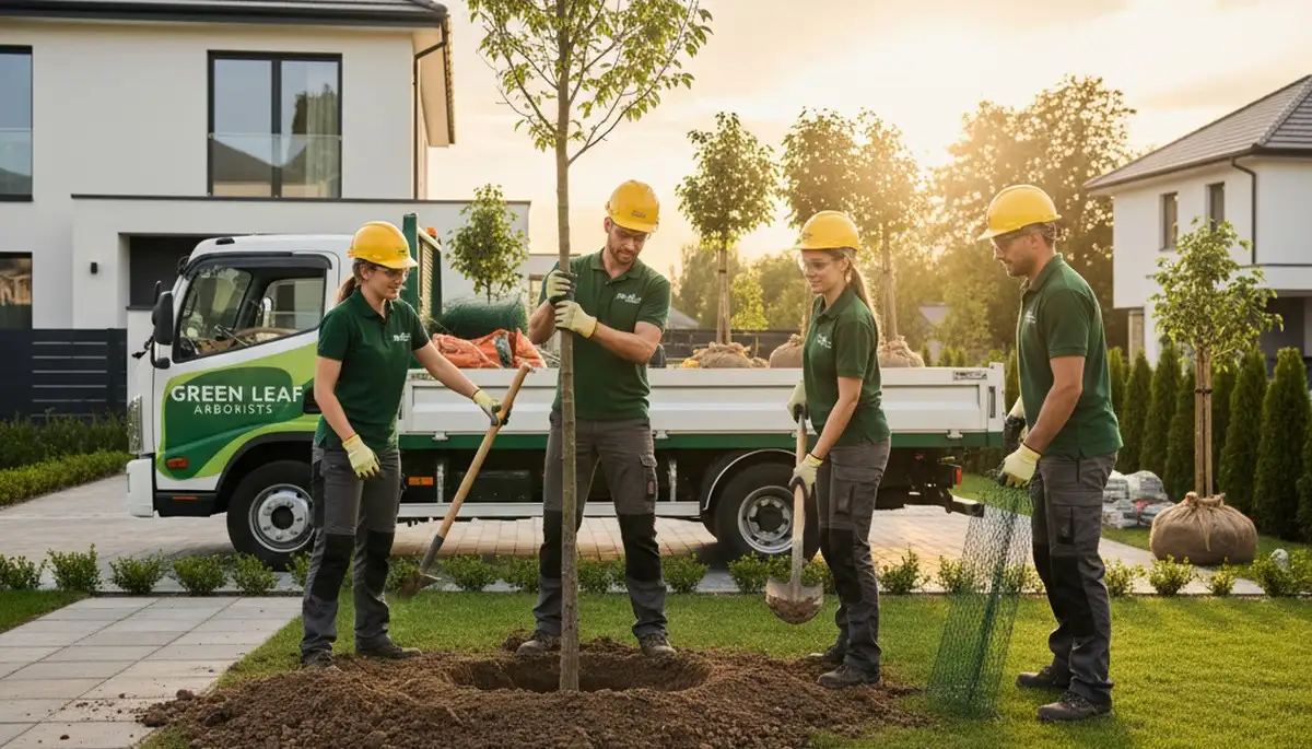 Arborists planting new shade tree in Easton, PA yard for Chop Chop Tree landscaping service