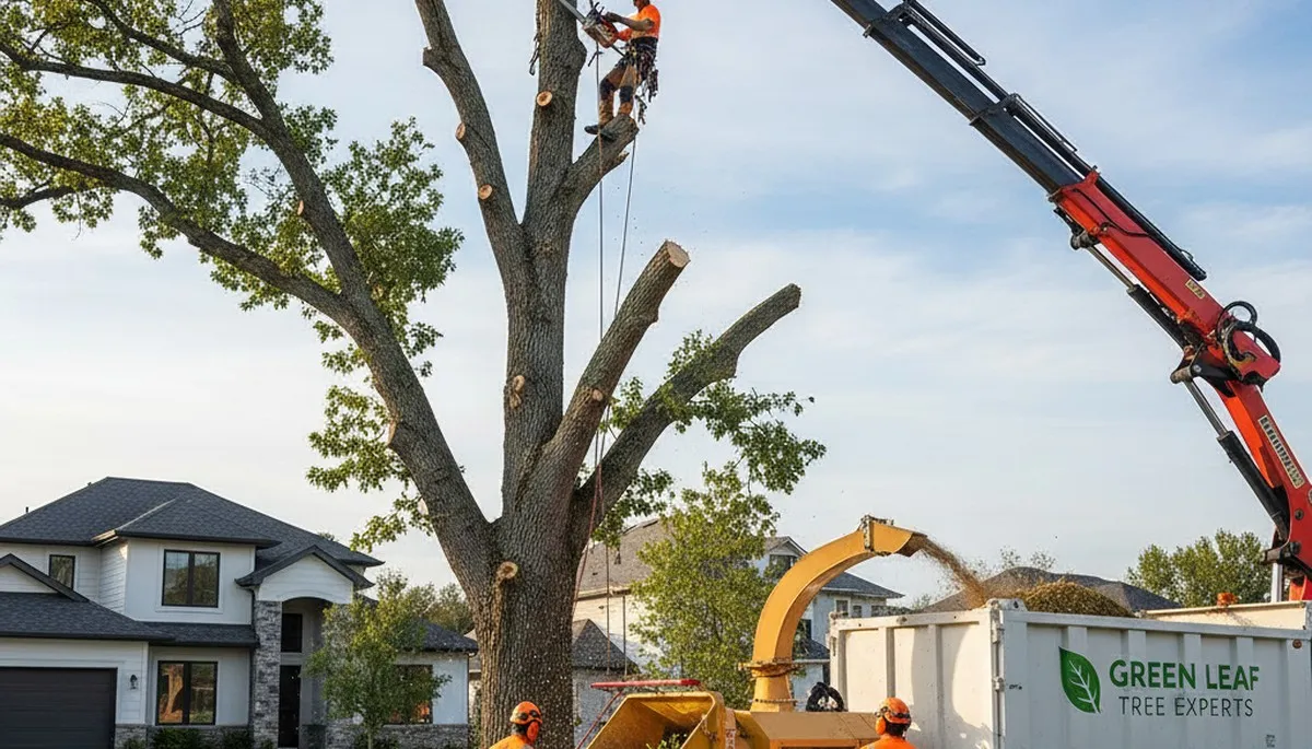 Professional tree removal crew cutting large oak in Easton, PA for safe property clearance