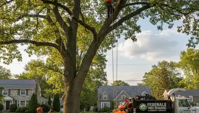 Professional tree removal service team working safely in Easton PA residential neighborhood