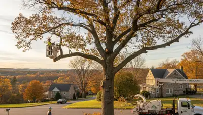 Professional tree removal crew in Easton PA safely cutting down large oak tree