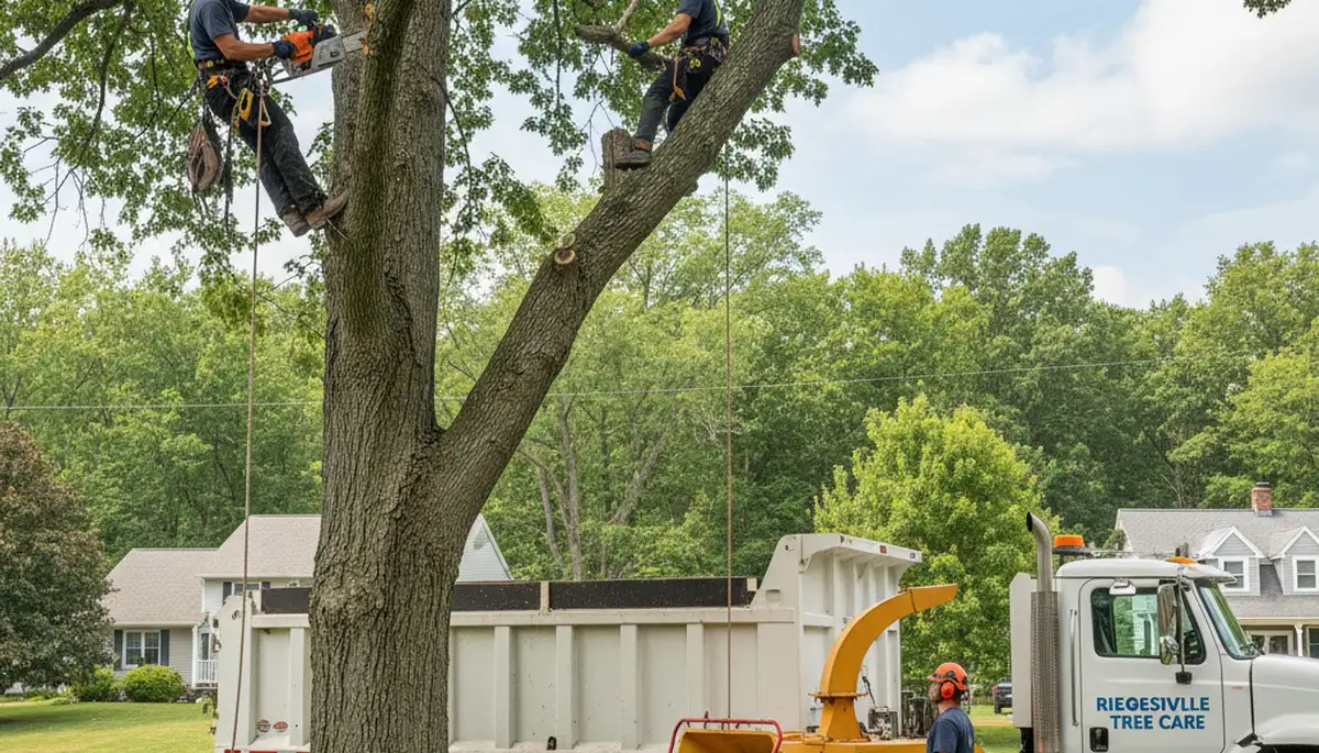 Professional tree removal service team working safely in Easton, PA residential neighborhood